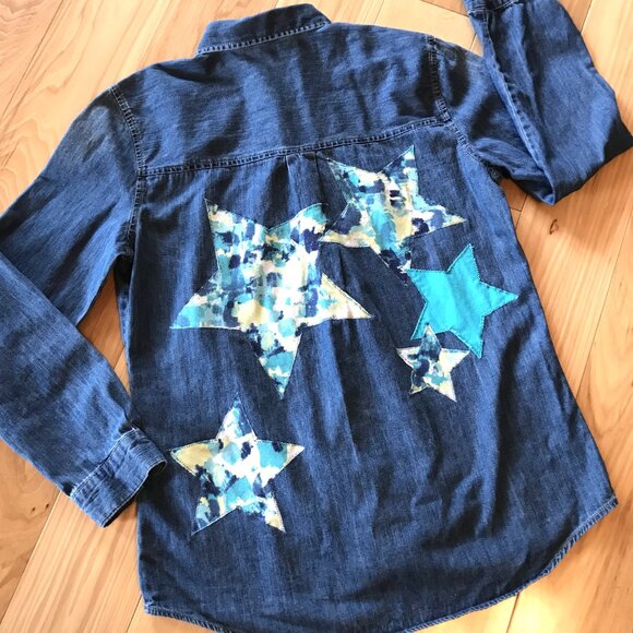 Women’s Star Denim Shirt, M (8-10): Upcycled Handmade Appliqued Stars Front/Back - Picture 3 of 11